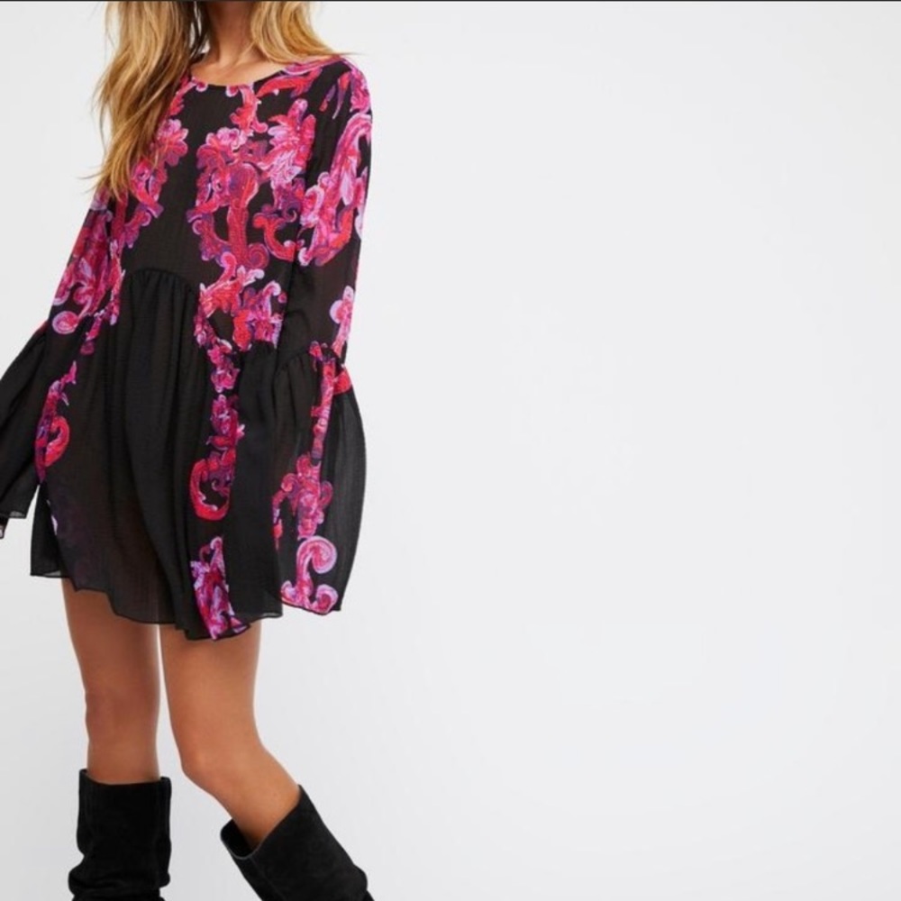 Intimately Free People Black Pink Tunic Mini Dress Boho Bell Sleeve Small